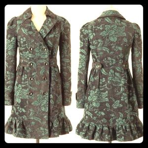 Anthropologie Elevenses Green &Black Jacquard Coat